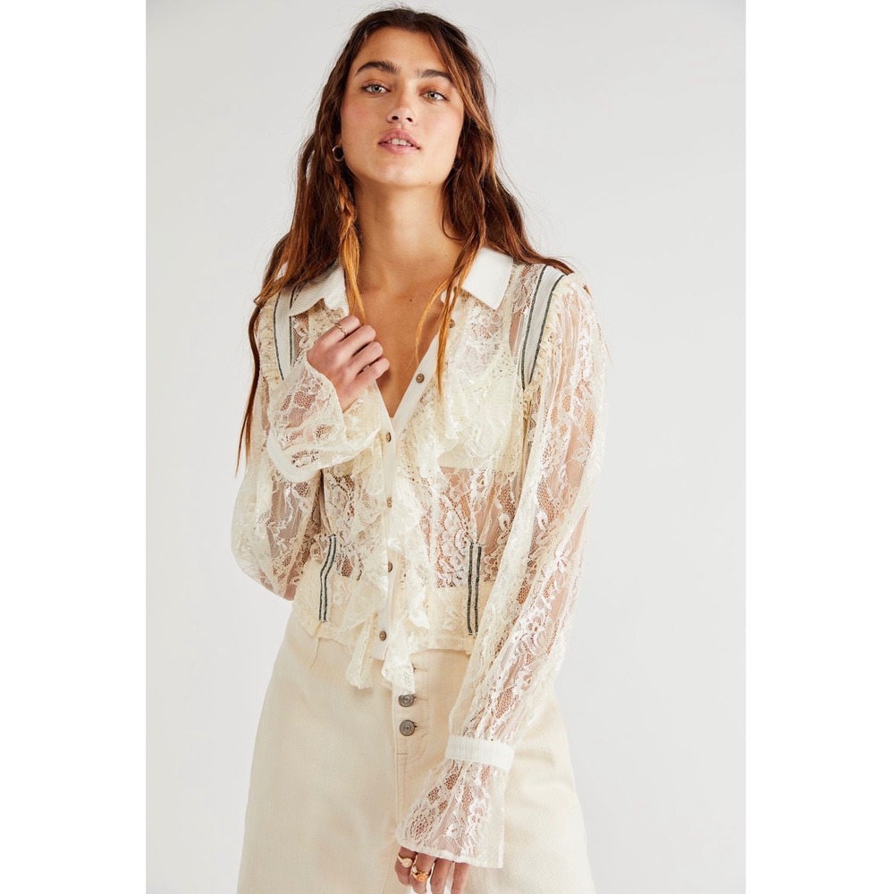 Free People This Shirt Tho Ivory Lace Ruffle Button Front Top Size M